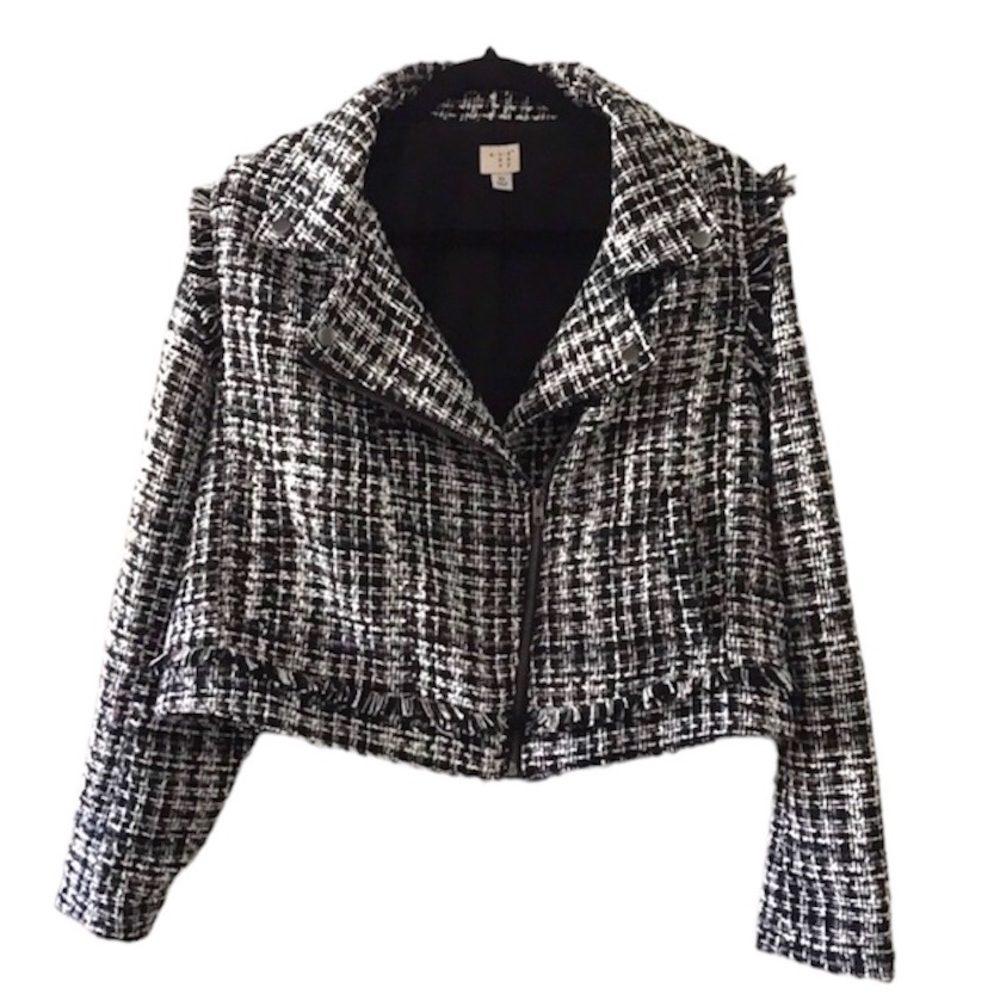 Tweed motorcycle jacket black white zip up style Sz Small NWT a new day Target